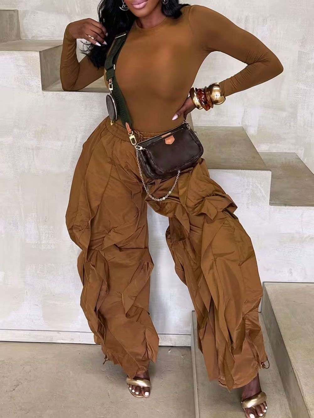Luxe Walnut Brown Wide-Leg Wave Ruffle Pants